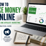 How to Make Money Online with CPA and Affiliate Marketing guide featuring a laptop with an earnings dashboard, stacks of cash, a notebook with marketing steps, and icons explaining CPA and affiliate marketing strategies.